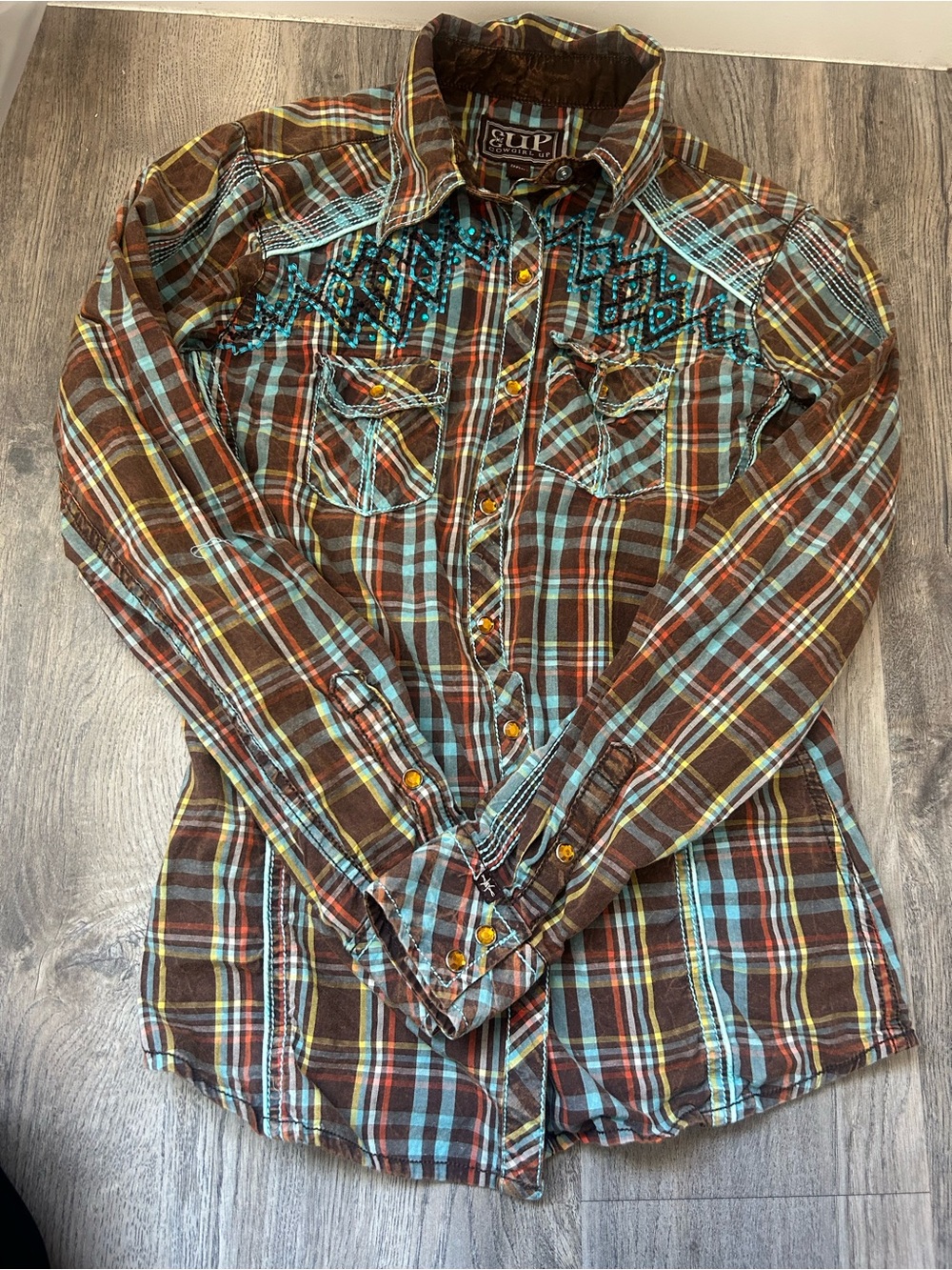 CUP Women's Brown Plaid Button-Down Shirt with Turquoise Embroidery